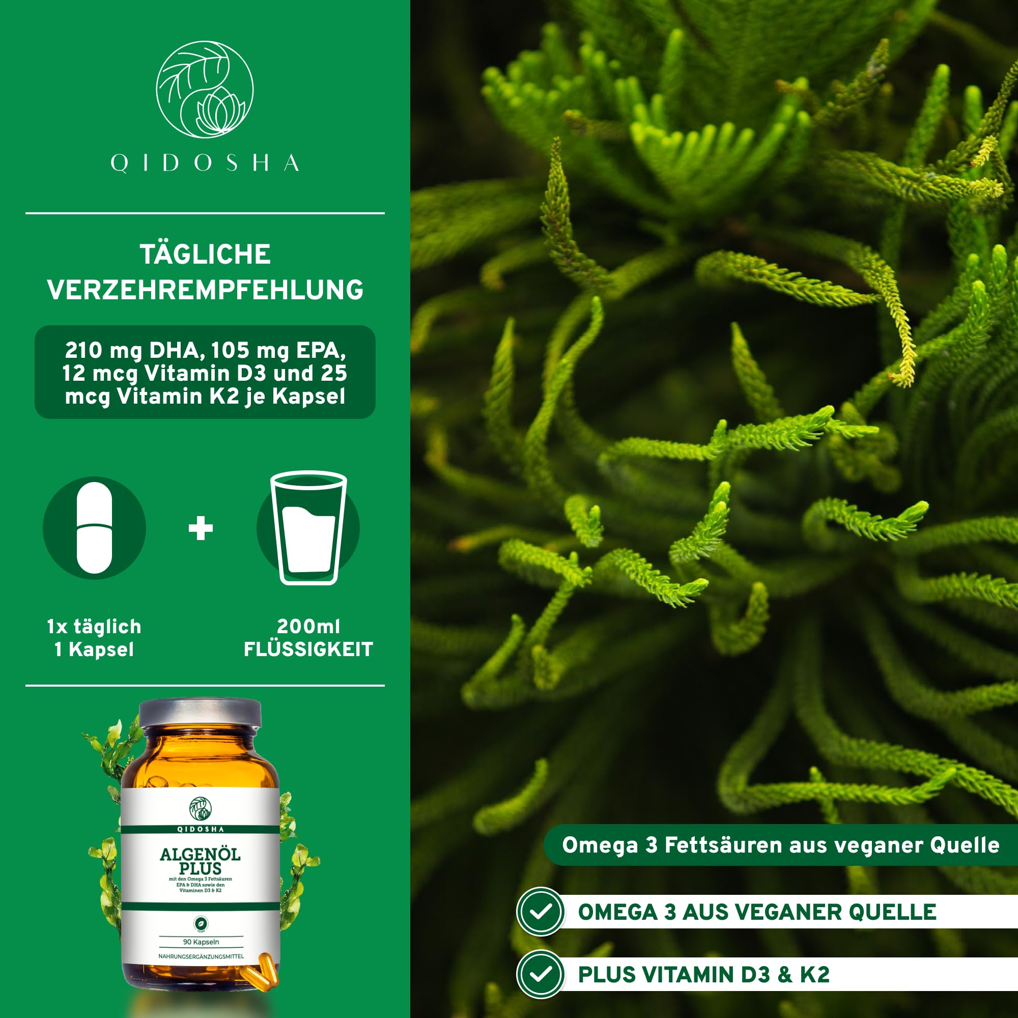 QIDOSHA® Omega 3 Algenöl Kapseln plus Vitamin D3 und K2 mit dem Markenrohstoff "Life's Omega" von DSM aus den Niederlanden, 90 vegane Kapseln im Apothekerglas 9