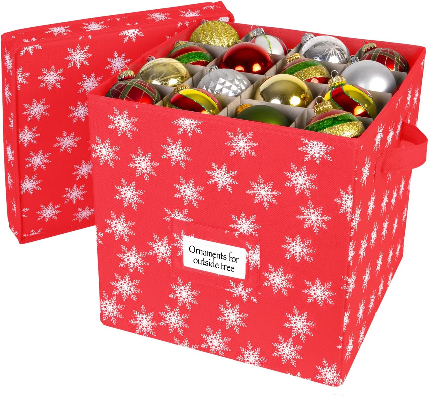 Holiday Décor Storage - HOLDN’ STORAGE Christmas Ornament Storage Box with Lid - Christmas Decor Storage Containers that Store up to 64 Holiday Ornaments - Red/White Snowflakes Trim