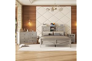 XD DESIGNS Farmhouse 3-Pieces Bedroom Sets, Queen Size Platform Bed with a Nightstand and 6-drawer Storage, Wood Platform Bed with Double Sliding Door Storage Headboard and Charging Station (Antique Gray-3)