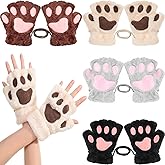 SATINIOR 4 Pairs Furry Cat Paw Gloves Fingerless Mitten Finger Half Glove Winter Plush Mitten for Halloween Kid Adult Costume