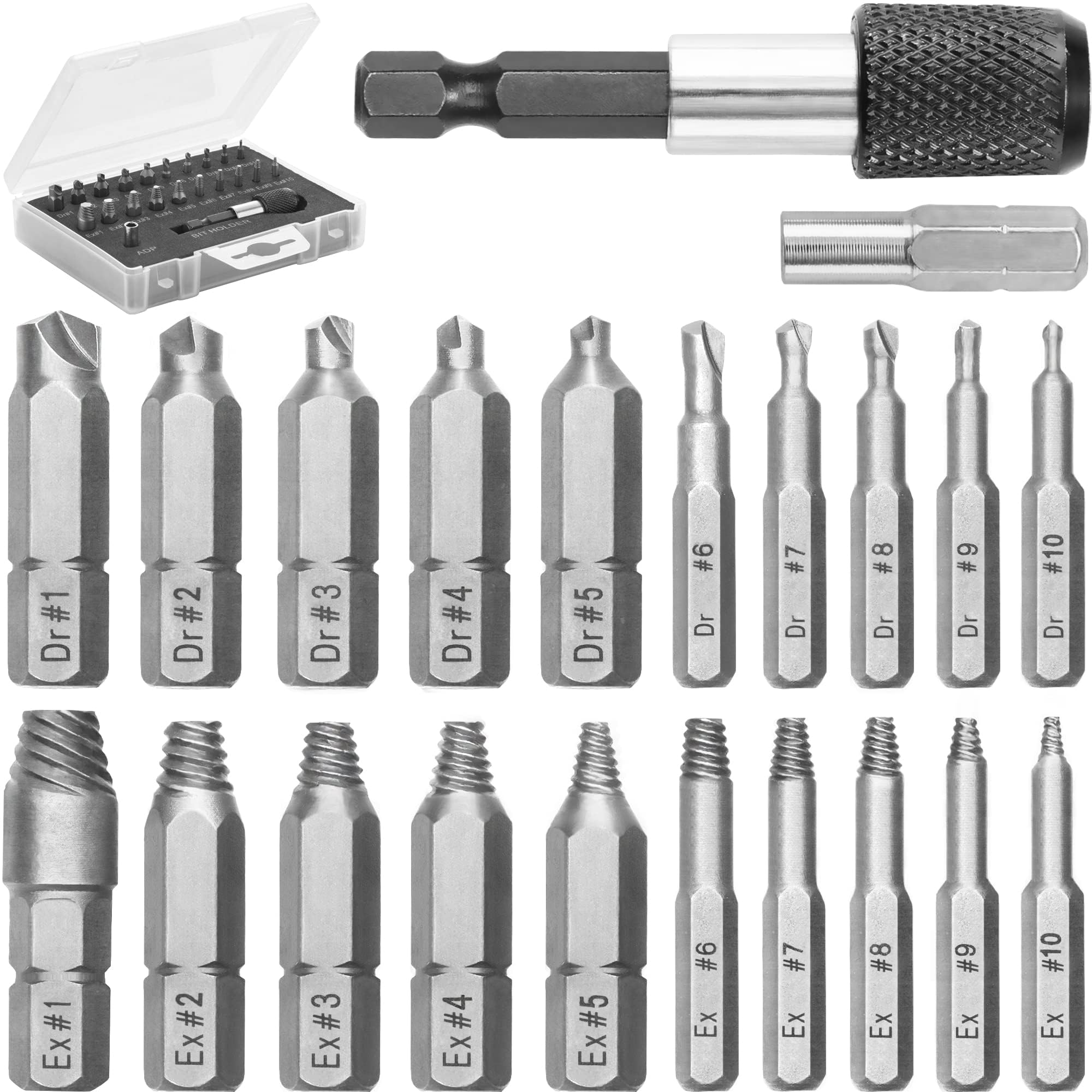 Mata1 - Screw Extractor Set for Stripped, Broken, Damaged Screws - 22 pc, Silver - Remover Kit w/Drill Bits, Extractors, Bit Extension & Socket Adaptor