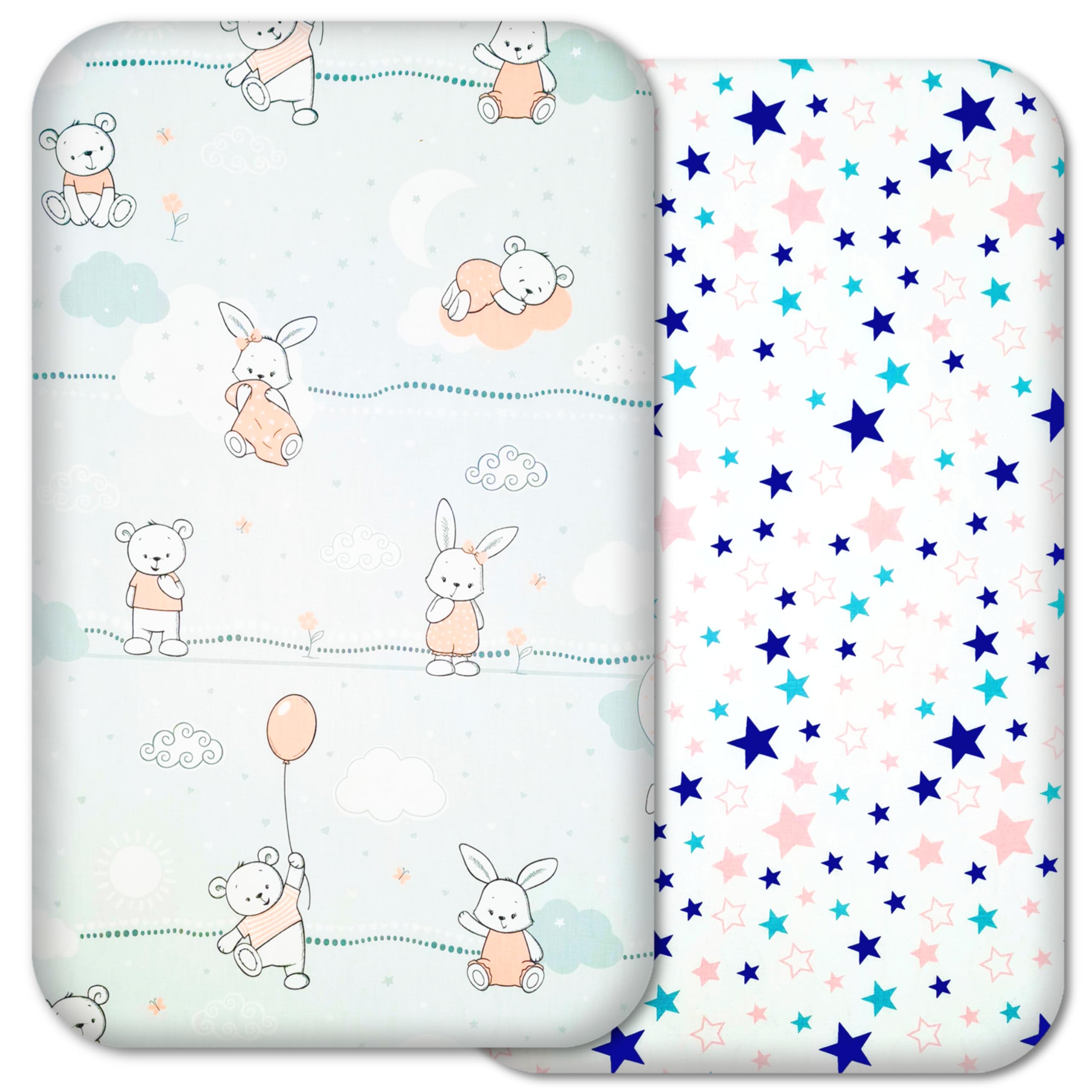 Next to Me Crib Sheets – 2pcs Fitted Baby Sheet Set 100% Organic Cotton Fitted Crib Sheets for Bedside Cribs – Made In Europe (83x50cm, Cute Animals&Stars Pink)
