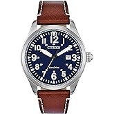 Citizen Men's Sport Casual Garrison 3-Hand Date Eco-Drive Leather Strap Watch, Arabic Markers, Stainless Steel, Field Watch