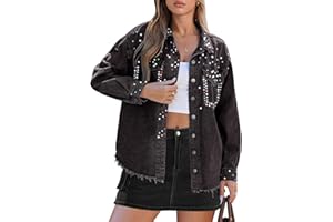 luvamia Jean Jacket Women Trendy Rhinestones Pearls Embellished Sparkly Frayed Hem Oversized Denim Jackets with Pockets
