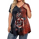 IN'VOLAND Womens Plus Size Tops Short Sleeve Summer V Neck Shirts Flowy Dressy Casual Tunic Blouses 1X-5X