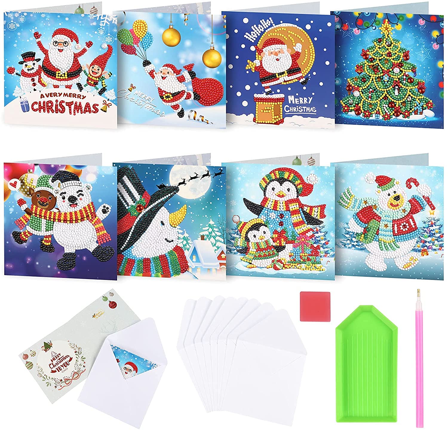 YOBEYI 8Packs Diamond Painting Christmas Cards by Numbers - Christmas Tree, Santa Claus, New Year Greeting Card, Stickers & Gifts (HKDZ01)