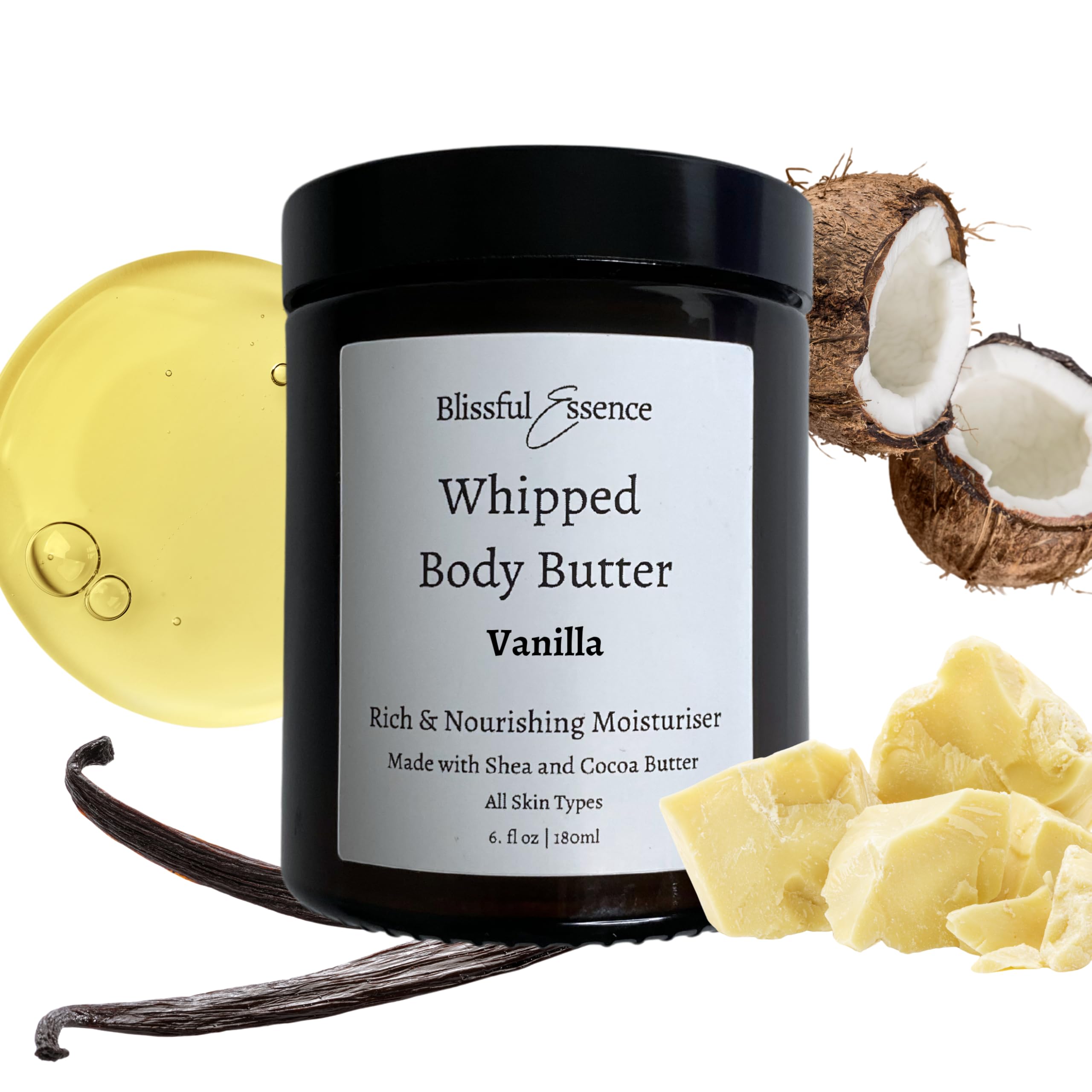 Vanilla Whipped Body Butter | All Natural Intense Moisturiser | Vitamin E, Shea & Cocoa Butter for All Skin Types, Glass Jar (180ml, Vanilla)