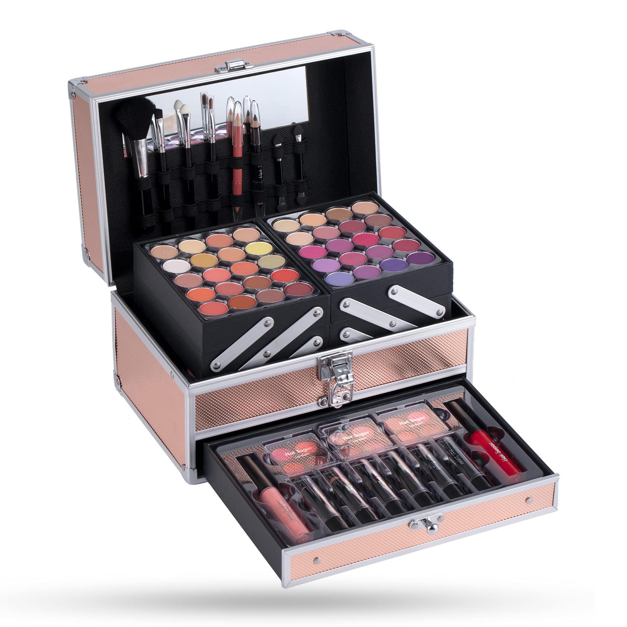 Hot Sugar Girls Makeup Kit for Teenagers Beginners Adults Professionals with Reusable Trendy Rose Gold Cosmetic Box Includes Everything for A Full Face Makeup Eyeshadow Lip Gloss Blush Brush Lipstick