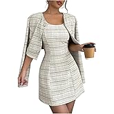 SOLY HUX Women's 2 Piece Outfits Plaid Long Sleeve Button Down Cropped Jacket and Sleeveless Mini Dress Sets
