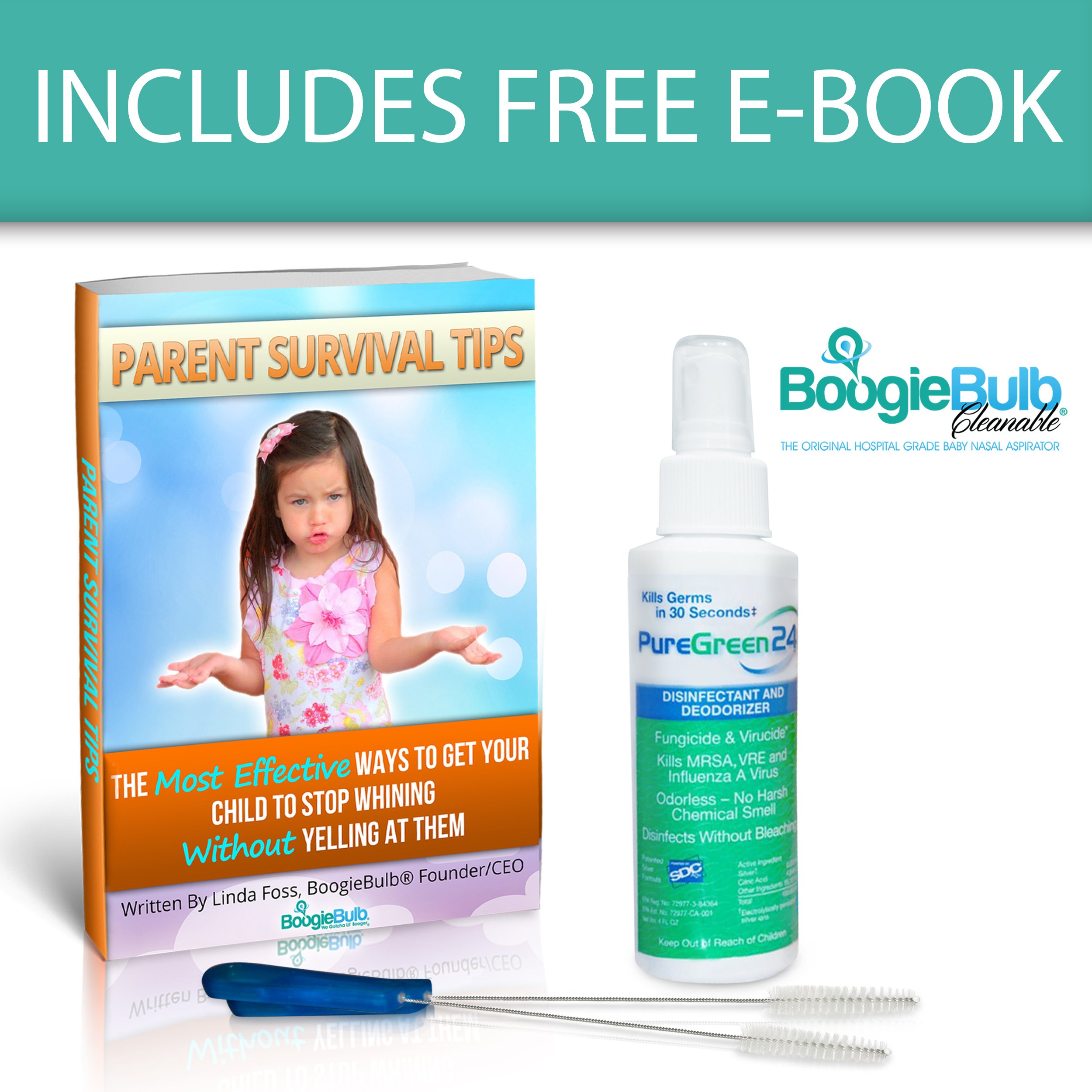 BOOGIEBULB Cleaning Brushes & Spray Set - Disinfectant & Cleaner for Baby Aspirator & Kids Toys - 2 Small Durable Brushes and 100% All Natural- Perfect for Binkies, Bottles, aspirators, and Baby Gift