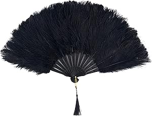 BABEYOND Vintage Style Folding Handheld Ostrich Feather Fan 1920s Flapper Accessories (Black)