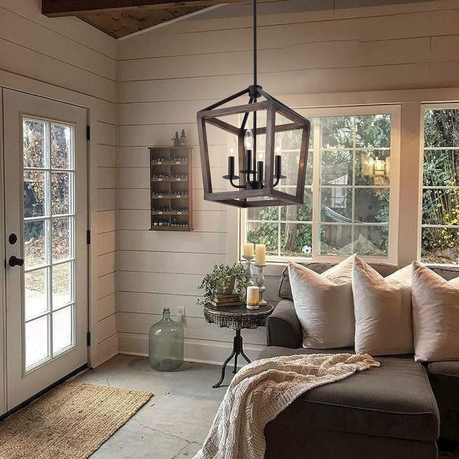 4-Light Chandelier Rustic Metal Pendant Light, Adjustable Height Lantern Hanging Light with Wood Finish, Farmhouse Lighting Fixtures for Living Room, Kitchen, Hallway and Entryway. - - 
