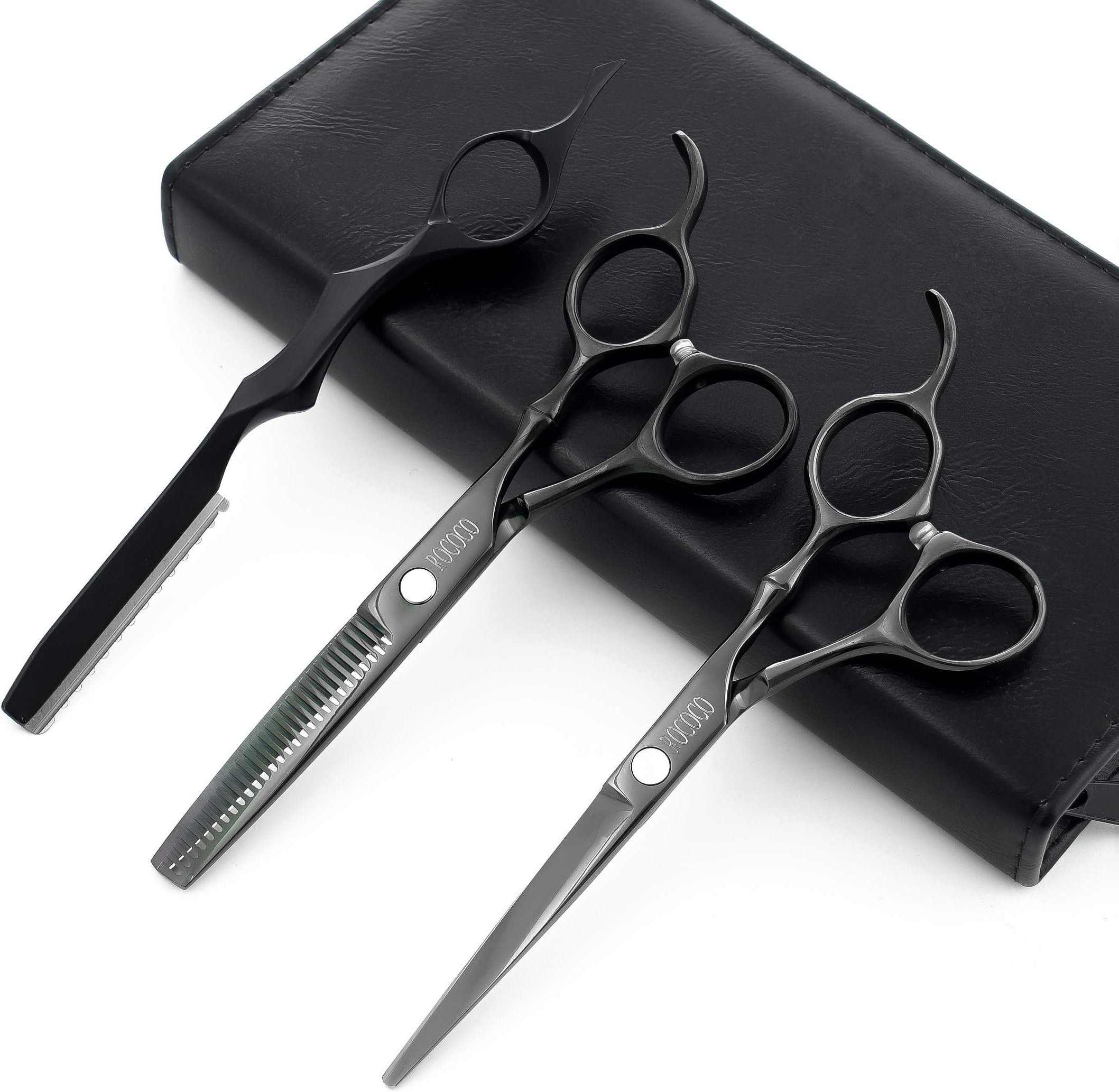ROCOCO Professional 6.0 inch Salon Hair Cutting Scissors and Hair Thinning Shears with Razor for Barber Hairdresser (Black)