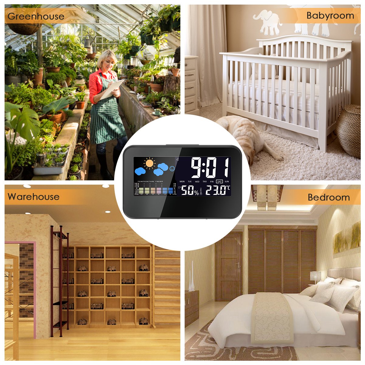 Temperature Monitor, GLISTENY Thermometer Hygrometer Gauge with Digital Clock and Alarm Clock, Calendar, Voice Control Backlight, LCD Screen Indoor Temperature and Humidity Monitor