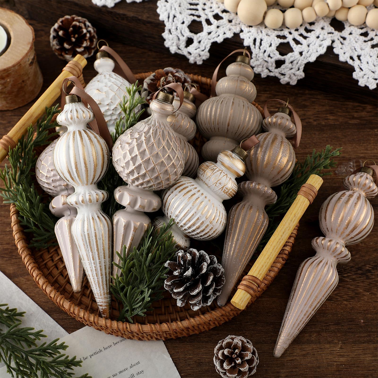 Photo 1 of ***5PIECES MISSING*** Yunlly 9 Pcs Neutral Christmas Ornaments Textured Christmas Tree Decor with Hanging Loop Modern Brown Hanging Finial Ornaments Shatterproof Home Decor for Xmas Vintage Rustic Farmhouse (Modern Color)