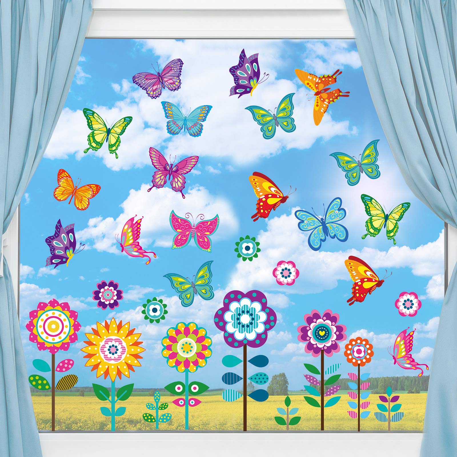 Zonon 72 Pcs Spring Summer Window Clings Large Flowers Butterfly Windows Stickers Decals Anti Collision Summer Decorations for Glass Windows for Home Office School Party Windows Supplies Gifts