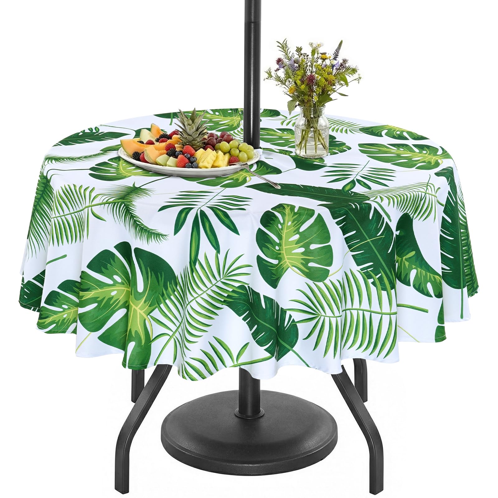 Eternal Beauty 152cm Round Palm Leaf Indoor Outdoor Splashproof Tablecloth with Umbrella Hole and Zipper for Patio Garden Party and BBQ （60"）