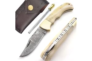 Lara Eagle Damascus Pocket Knife for Men - 133 Layer Solid Steel Handmade Folding Hunting Knives with Sharpner and Leather Pouch - Best Knife for Camping Hunting Hiking - Father’s Day Gifts for Men Husband Dad (White Camel Bone)