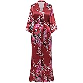 BABEYOND Women's Kimono Robe Long Satin Robes with Peacock and Blossoms Printed Kimono Nightgown