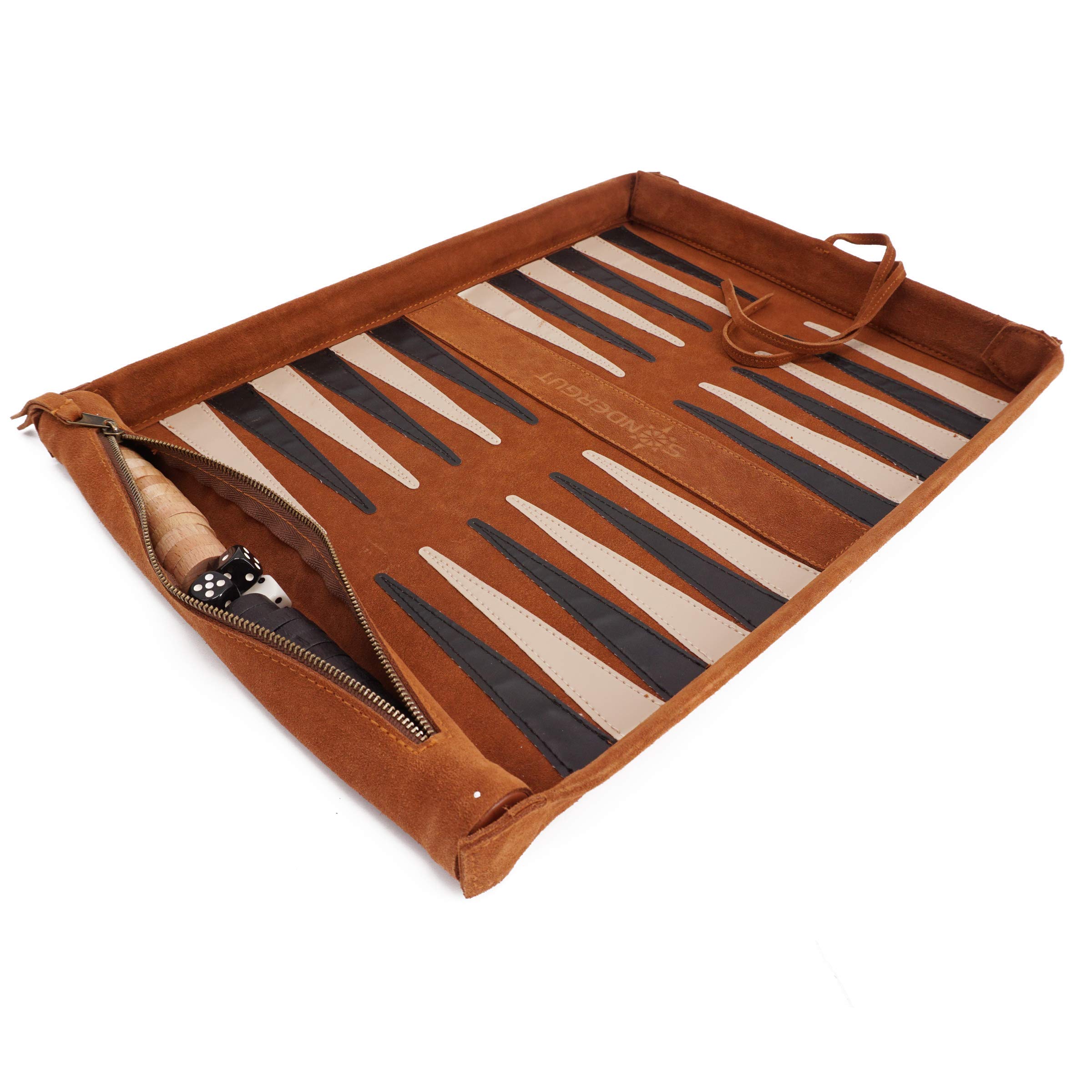 Sondergut Roll-up Portable Suede Deluxe Backgammon Game Set- Elegant Design - Pop-Up Playing Field - Ideal for RV Travel, Cruise, Airplane, Camping, Backpacking, Road Trips, Etc.