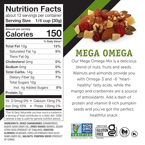 POWER UP TRAIL MIX, MEGA OMEGA TRAIL MIX, NON-GMO, VEGAN, GLUTEN FREE, NO ARTIFICIAL INGREDIENTS, GOURMET NUT, 14 OUNCE BAG