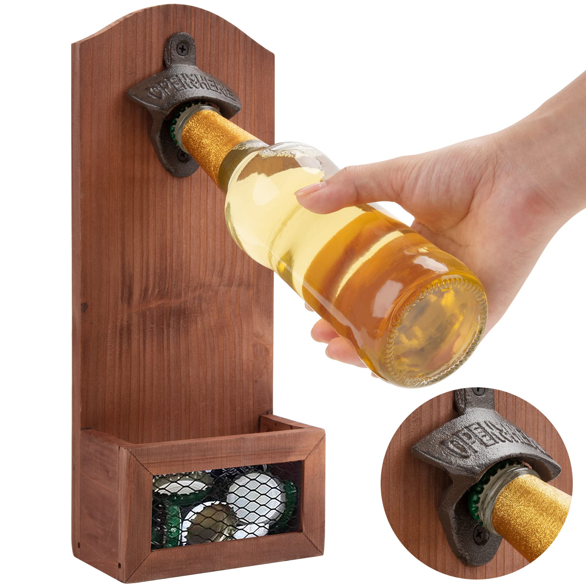 Bottle Opener Wall Mounted Beer Bottle Opener Vintage Wooden with Cap Catcher Home Bar Accessories for Bar Party Kitchen Men and Beer Lovers