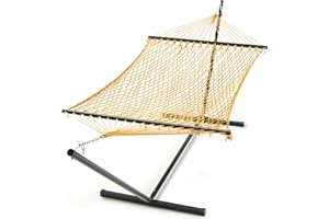 PNAEUT Double Hammock with Stand for Outside, Rope Hammocks with Hardwood Spreader Bar 2 Person, 12ft Heavy Duty Stand, Extra Pillow, Max 475 lbs Capacity (Lemon)
