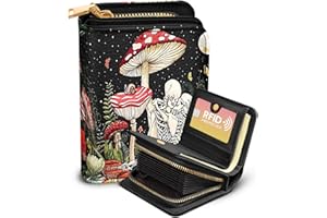 Bistup Credit Card Holder Wallet for Women Cute Leather Ladies Teen Girls Female Cardholder Wallets Accordion Purse Small Medium Aesthetic Print Mushroom Skull Unique Modern Y2k Rfid Zipper Around