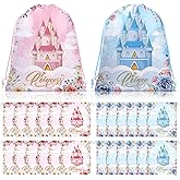 Riakrum 24 Pcs Princess Party Favor Bags Princess Goodie Drawstring Bags Pink Blue Castle Gift Pack for Birthday Baby Shower Decoration Supplies 11.8 x 9.8''