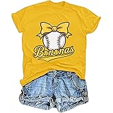 Baseball Shirts for Women Cute Bow Graphic T-Shirt Softball Mom Tee Funny Baseball Fan Short Sleeve Top