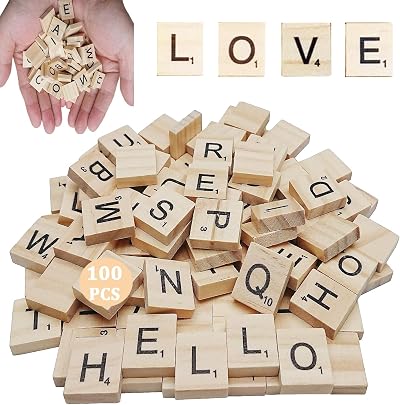 Fozuanei 100PCS Wooden Scrabble Letters A-Z Capital Tiles for Crafts