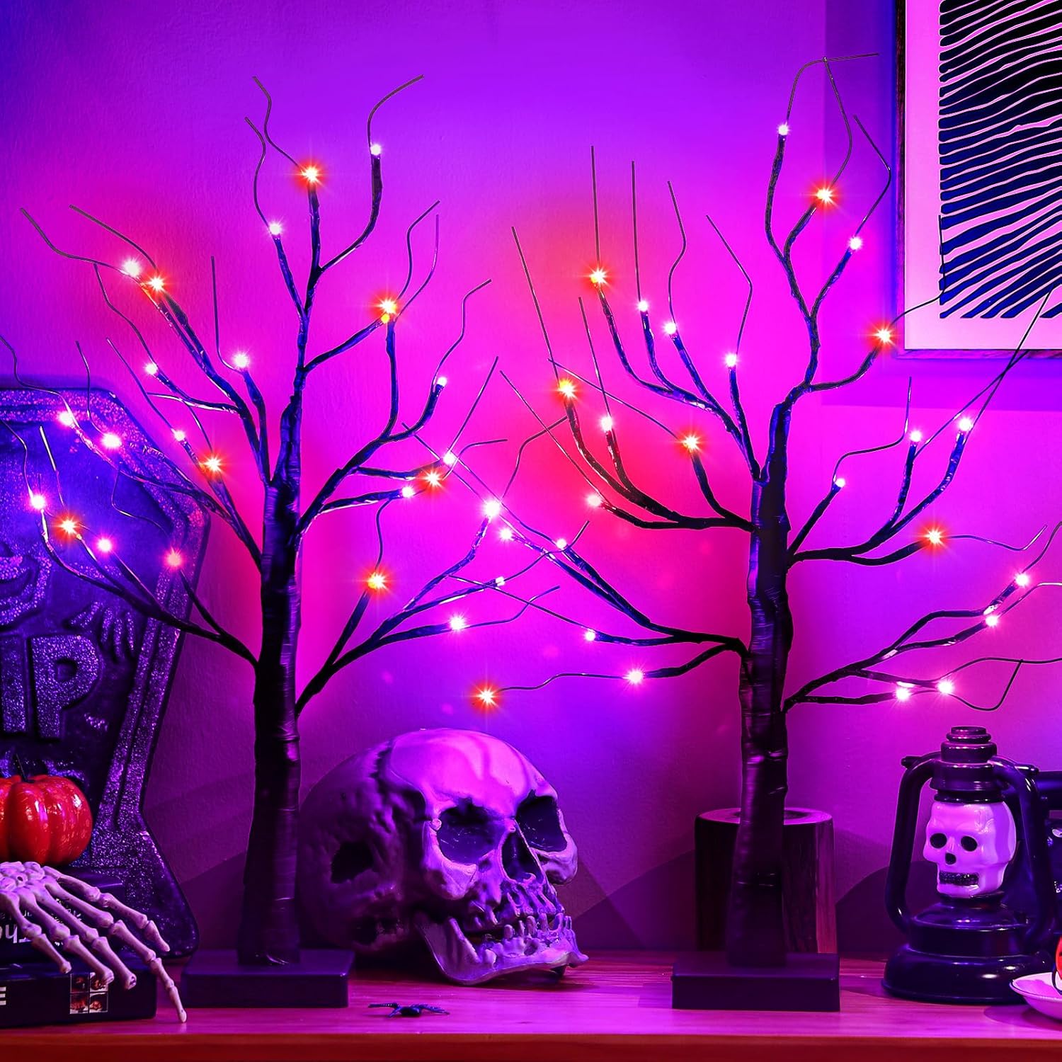 Trees - Ganeen 2 Pcs 24 Inch Halloween Lighted Tree Orange and Purple Birches Decor with Timer 48 LED Lights Twigs Battery Operated Artificial Black Tabletop Spooky Tree Decorations for Indoor Home Party