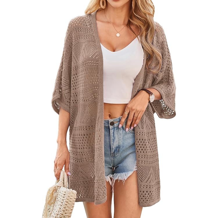 Cardigan Femme Long En Crochet - Style Bohème, Manches 3/4, Ouvert Devant, Tissu Léger Viscose