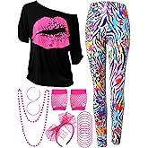 Blulu 80s Women Costume Set, Lips Print off Shoulder T-shirt, Geometric Legging Pants Earring Necklace Gloves Bracelet
