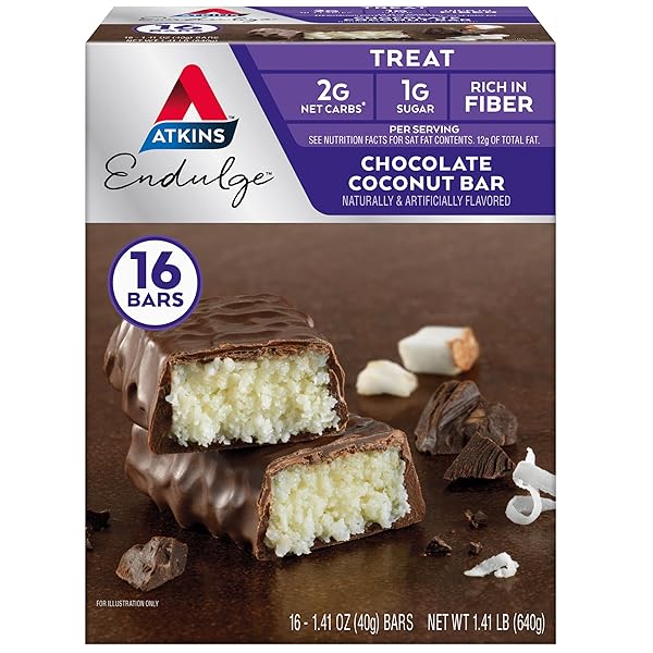 ATKINS ENDULGE CHOCOLATE COCONUT BAR, DESSERT FAVORITE, HIGH IN FIBER, 1G SUGAR, 16 COUNT