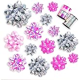 WRAPAHOLIC 16 Pcs Gift Bows Assortment - 14 Multi Colored Assorted Size Gift Bows (Pink, Fushcia, Silver) and 2 Crimped Curling Ribbons, Perfect for Christmas, Holiday, Party