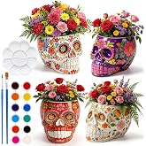 DIY Ceramic Sugar Skull Decor Painting Kit | Including 4 Unpainted Planter Pots, 12 Paints, 2 Brushes & Palette - Day of the Dead Halloween Crafts for Adults