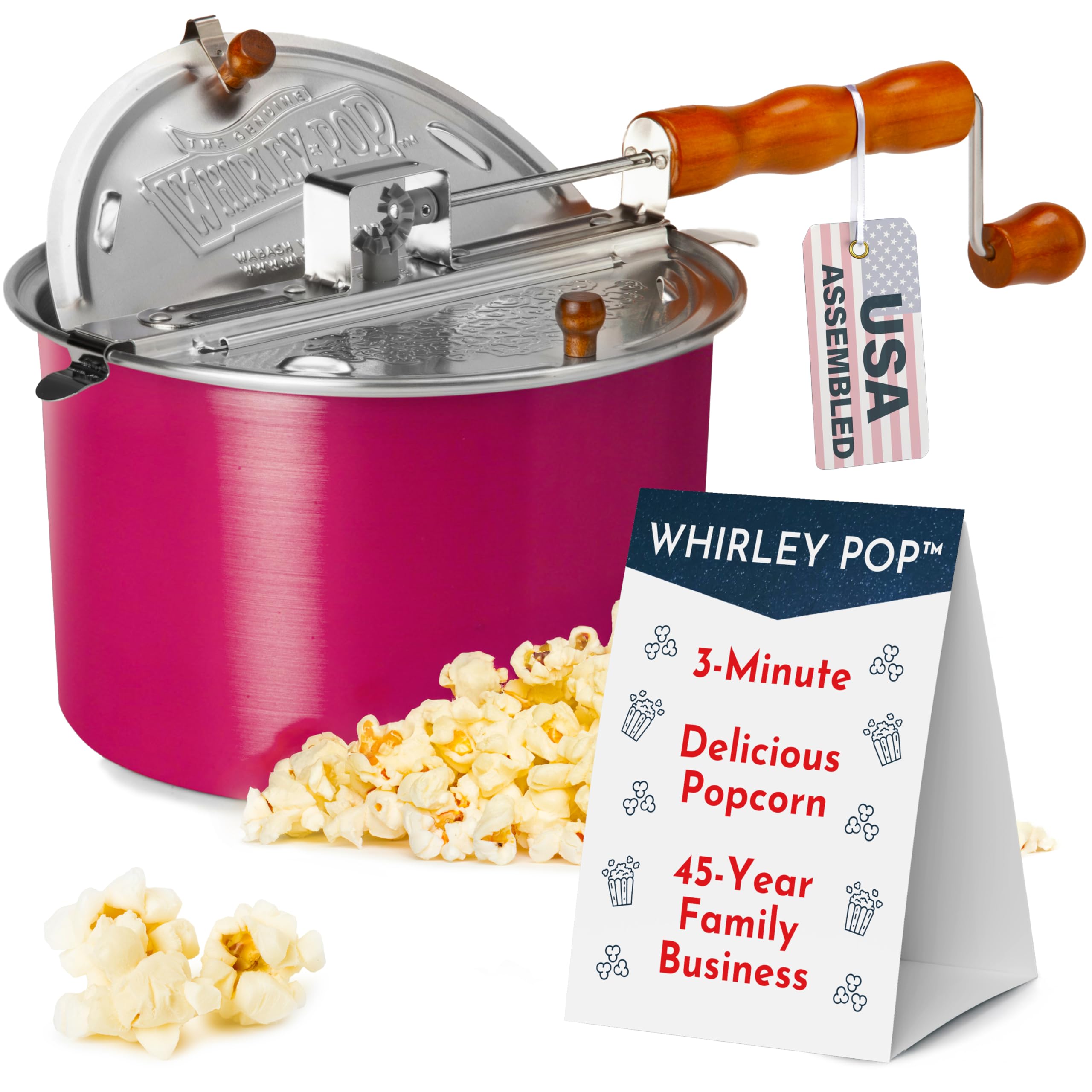 Original Whirley Pop Popcorn Maker - Wabash Valley Farms Pink Popcorn Popper with Nylon Gears, Movie Night at Home, 3-Minute Stove Top Popper with 6-Quart Capacity