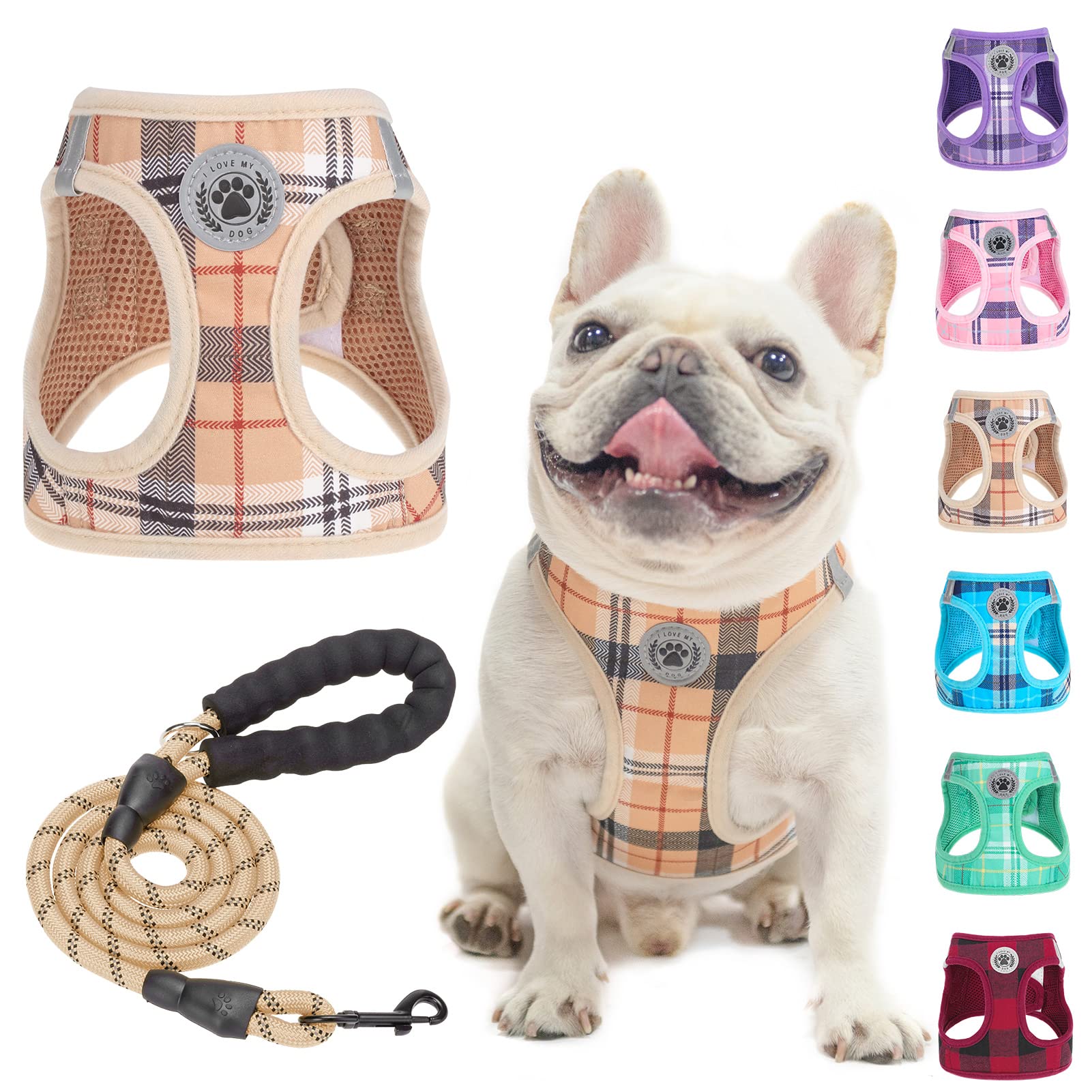 BEAUTYZOO Small Dog Harness and Leash Set,Step in No Choke No Pull Soft Mesh Dog Harnesses Reflective for Extra-Small/Small Medium Puppy Dogs and Cats, Plaid Dog Vest Harness for XS S Pets, Beige M — image 1