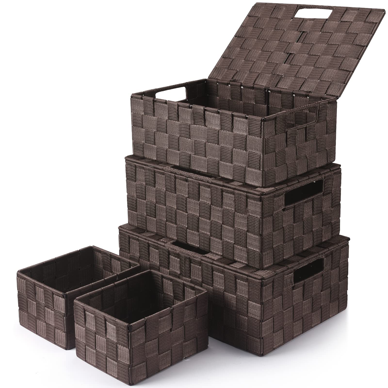 Photo 1 of Storage Bins with Lids, Woven Storage Box Organizer Containers Decorative Baskets Cube for Clothes Bedroom Closet Office (5 Pack, Brown)