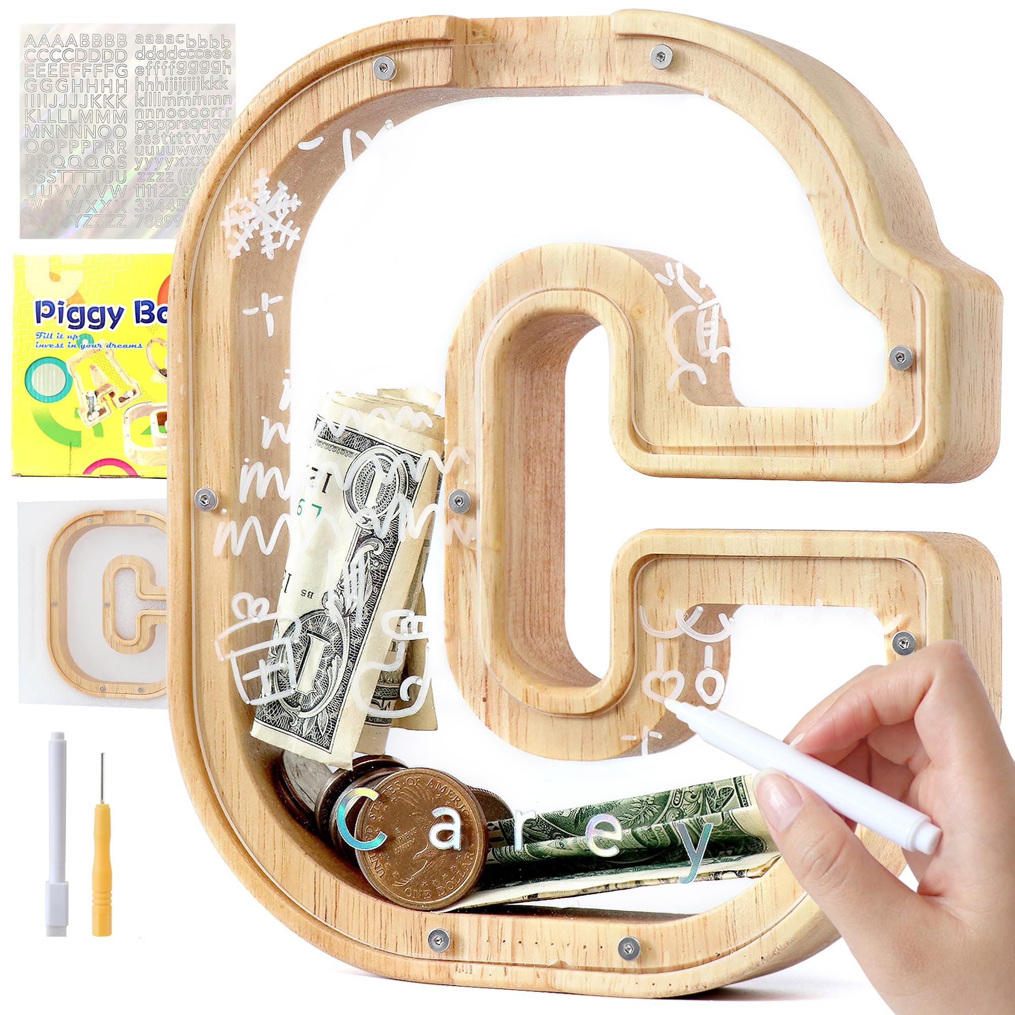 Mikytoper Letter Money Box for Kids Wooden Personalized A-Z Alphabet Piggy Bank Clear Money Bank Coin Bank for Gift Decoration Baptism (C)