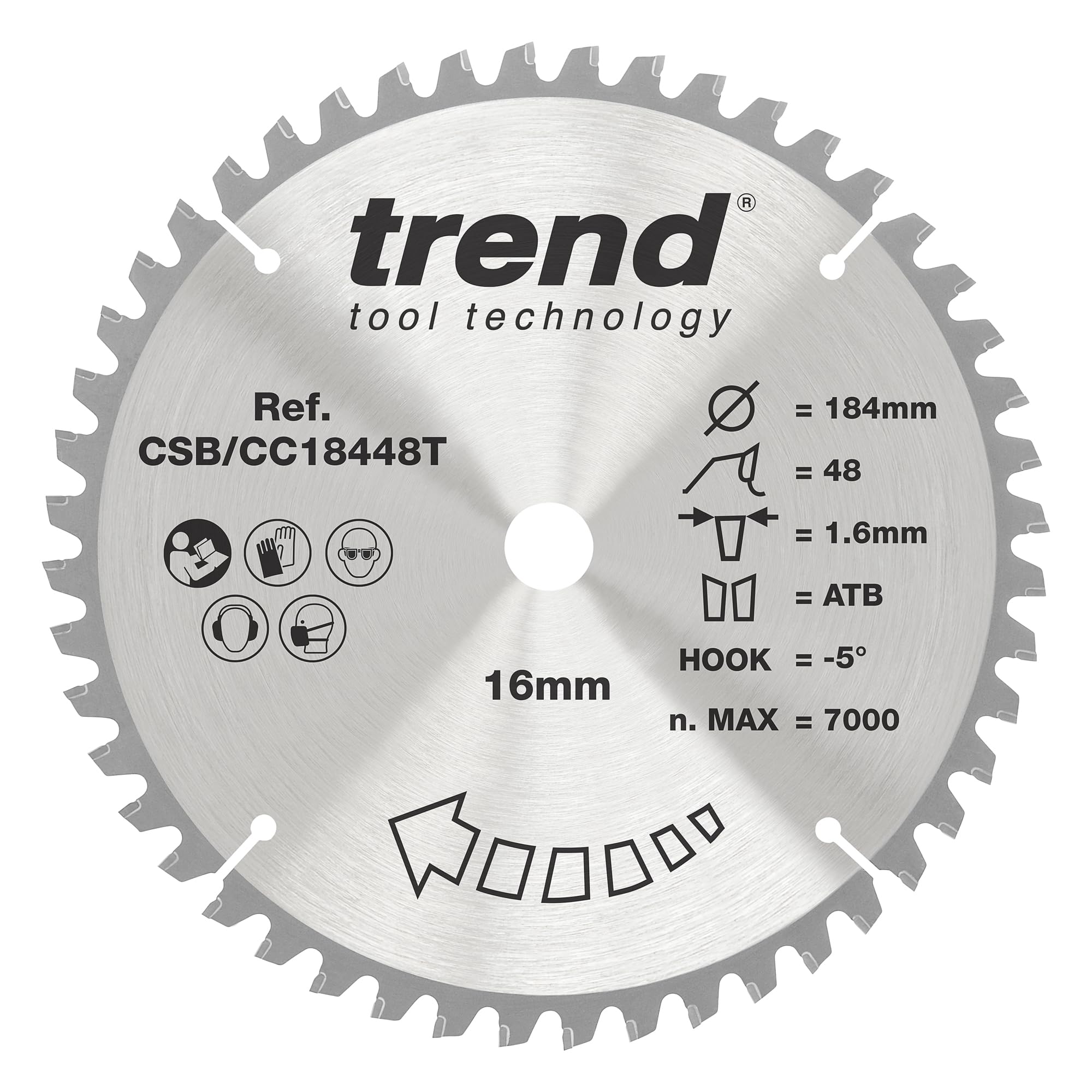 Trend Wood Cordless Mitre Saw Blade, 184mm Diameter, 16mm Bore, 48 Teeth, 1.6mm Kerf, -5° Hook, TCT, Fine Finish, CSB/CC18448T
