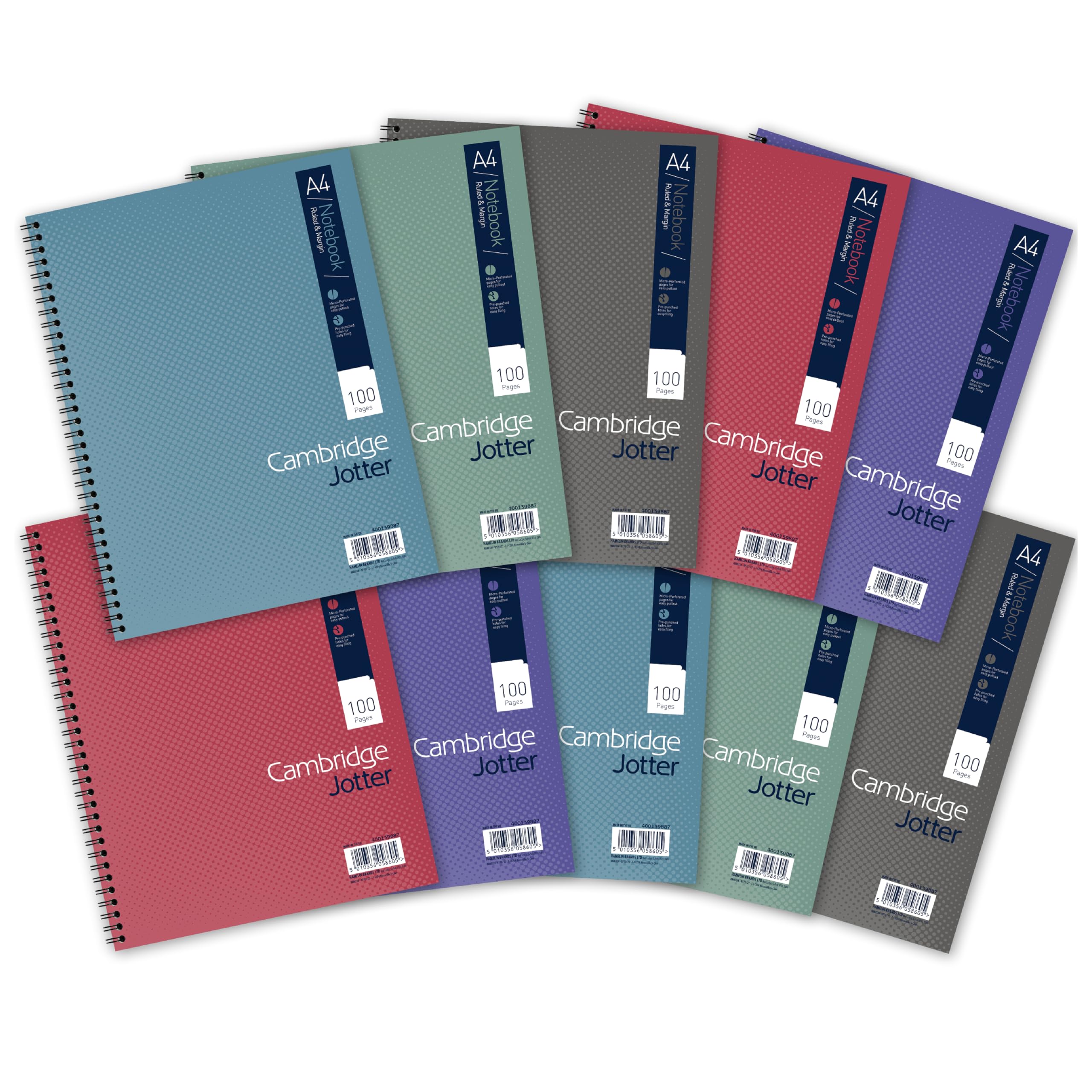 Cambridge Jotter A4 Notebook, Wirebound, 8 mm Lined with Margin, 100 Pages, Pack of 10 Notepads, Green, Blue, Grey, Red, Purple