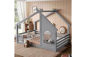 Bellemave Full House Bed for Kids with Full-Length Guardrails & Slats, Wood Montessori Floor Bed Frame with Window & Shelf, Full Size Floor Bed for Bedroom, No Box Spring Needed, Grey