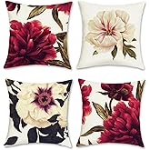 Bonhause Peony Floral Throw Pillow Covers 18x18 Inch Burgundy Red Flower Outdoor Decorative Pillow Cases Polyester Linen Cushion Covers for Sofa Couch Bedroom Home Decor Set of 4