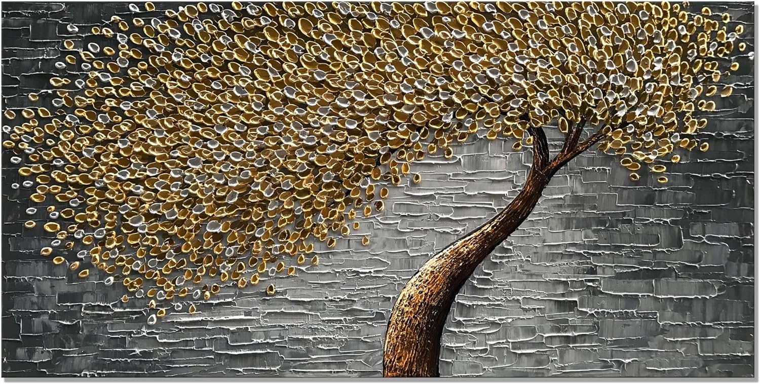 Paintings - zoinart Modern 3D Oil Paintings Wall Art Hand Painted Gold Tree Paintings Grey Artwork Large Flower Wall Art Home Decorations Abstract Wall Paintings for Living Room Bedroom Wall Decor