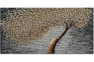 zoinart Modern 3D Oil Paintings Wall Art Hand Painted Gold Tree Paintings Grey Artwork Large Flower Wall Art Home Decorations Abstract Wall Paintings for Living Room Bedroom Wall Decor