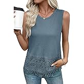 EVALESS Womens Tank Tops Casual Summer Waffle Knit Lace Crochet Boho Crewneck Sleeveless Loose Vacation Beach Vest Shirts