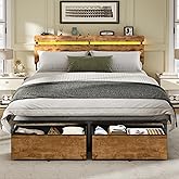 Forestell Queen Bed Frame with Wood Headboard, Metal Platform Bed with 2 Storage Drawers & Shelf, Built-in Charging Station & LED Lights, No Box Spring Needed, Vintage Brown, Cama Queen Size