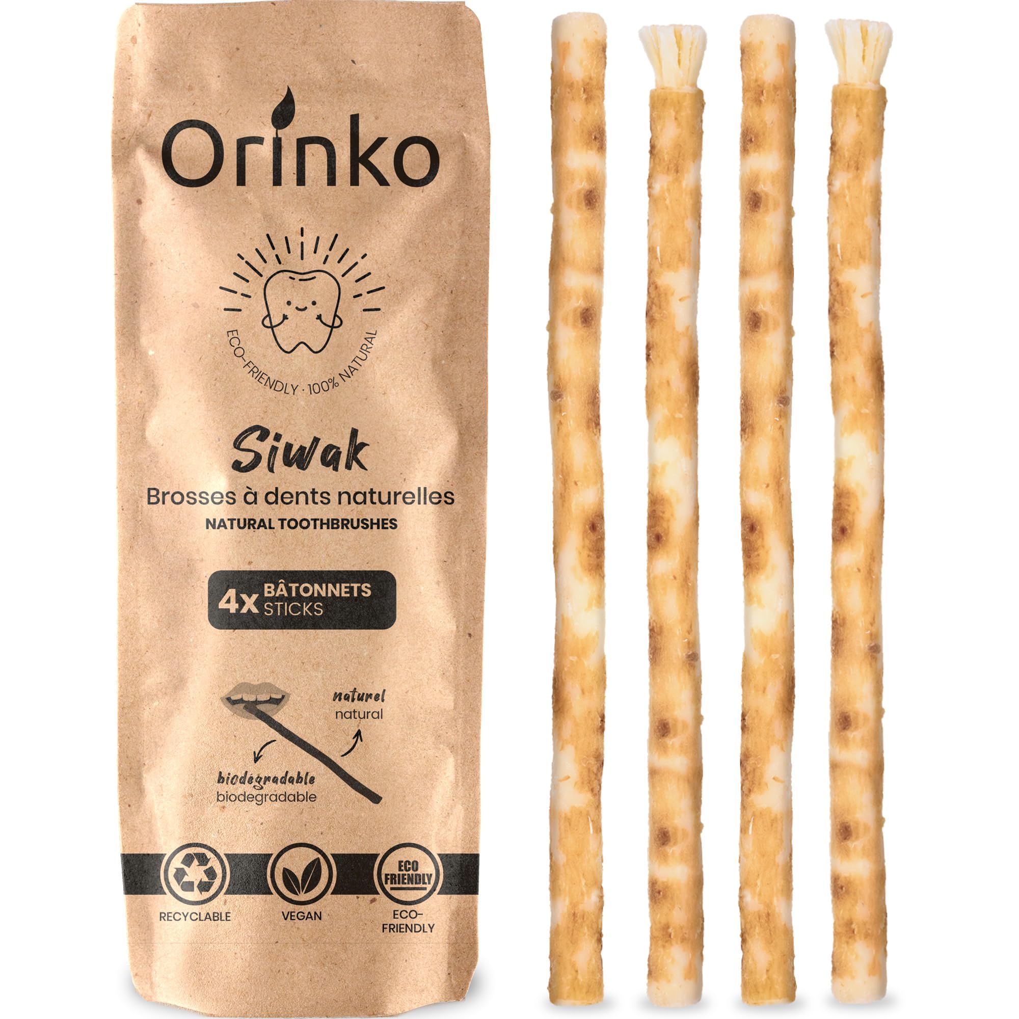 ORINKO® Miswak Stick x4 - Natural Chewable Wooden Toothbrush for Oral Hygiene - Organic Miswak Dental Tool for Fresh Breath - Reusable Miswak for Teeth Whitening and Healthy Smiles